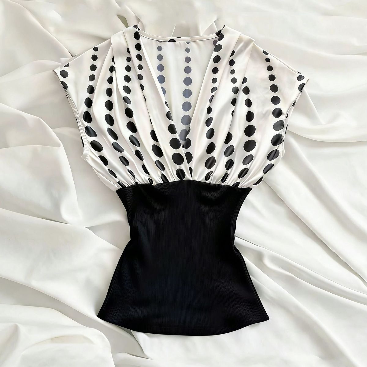 Summer Polka Dot Color Block V Neck Sleeveless Top for Women Slim Fit Fashion Retro European And American Style New Commuter Wear_ecoleips.com