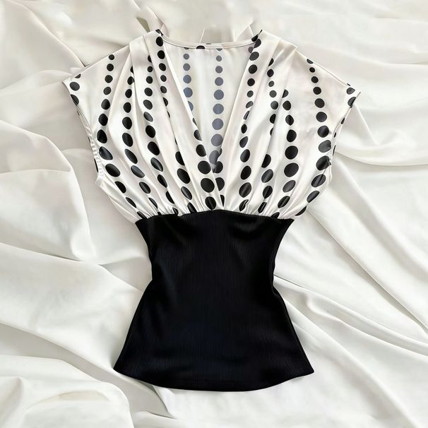 Summer Polka Dot Color Block V Neck Sleeveless Top for Women Slim Fit Fashion Retro European And American Style New Commuter Wear_ecoleips.com