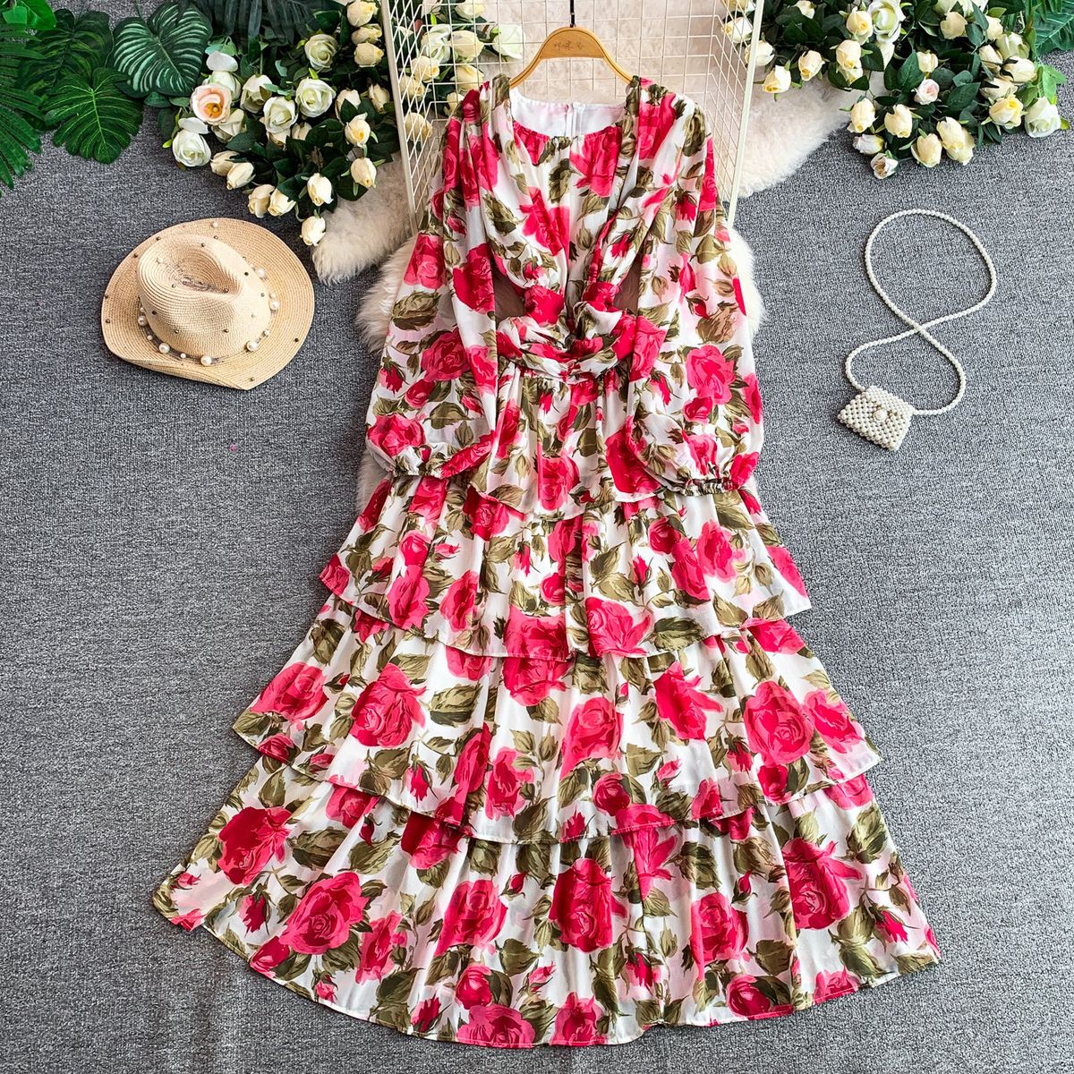 Women's French Romantic Style Floral Print Dress round Neck Long Sleeve Slimming Elegant Fairy Chiffon Summer Cake Long Dress_ecoleips.com