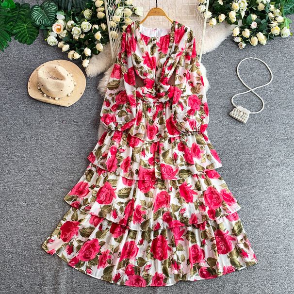 Women's French Romantic Style Floral Print Dress round Neck Long Sleeve Slimming Elegant Fairy Chiffon Summer Cake Long Dress_ecoleips.com