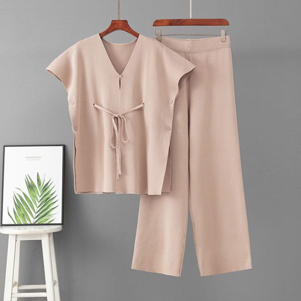 Women's round Neck Sleeveless Knit Set Casual Sports Wide Leg Pants Two Piece Set for Spring And Summer Loose Fit_ecoleips.com