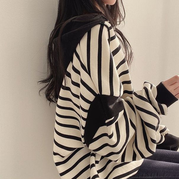 Korean Style Women's Cotton Sweatshirt V-Neck Striped Hooded Pullover Fleece Lined Casual Thin for Spring Autumn Winter_ecoleips.com