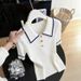 Women's White Collared Short Sleeve T-Shirt Stylish Knitted Top Spring Summer New Fashionable Beautiful_ecoleips.com