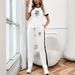 Women's Abstract Line & Check Print Summer Casual T-Shirt And Straight-Leg Sport Pants Set Soft Breathable Two-Piece Outfit_ecoleips.com