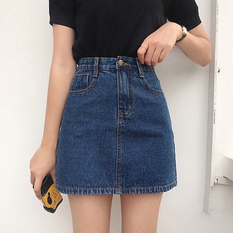 New 2026 Women's Denim Midi Skirt High Waist Slimming Solid Color Korean Style Versatile Casual Bodycon Short Skirt for Students_ecoleips.com