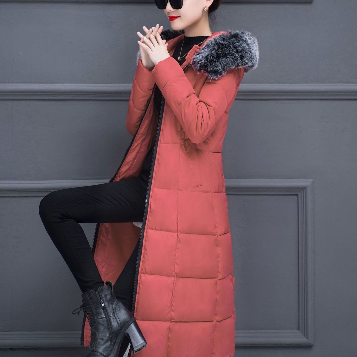 Girl Women's Long Winter Coat With Faux Fur Collar, Slim Fit Thermal Padded Jacket, Knee-Length Thickened Warm Parka For Cold Weather_ecoleips.com