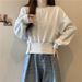 American-style Real Shot Of Korean Autumn Round-neck Buttoned Waist-slimming Long-sleeve Short Pullover Sweatshirt For_ecoleips.com