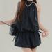 Black Striped Halter Neck Fashion Versatile Dress Women Sleeveless Shirt Flower Bud Casual Shorts Two-Piece Set_ecoleips.com