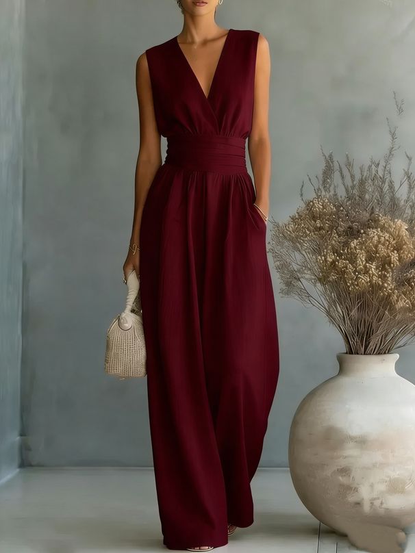 Elegant V Neck Women's Jumpsuit Waist Cinching Spring Summer New_ecoleips.com