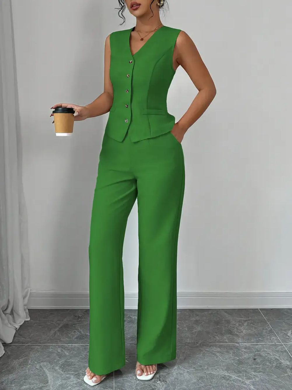 Elegant Solid Color Sleeveless Vest & Pants Suit For Women - Breathable Polyester Blend, Wrinkle-Free, Office & Casual Wear (S/M/L/XL)_ecoleips.com