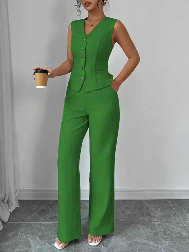 Elegant Solid Color Sleeveless Vest & Pants Suit For Women - Breathable Polyester Blend, Wrinkle-Free, Office & Casual Wear (S/M/L/XL)_ecoleips.com
