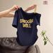 Grey Letter Slanted Shoulder Print Waist Pleated Short-sleeved T-shirt Women's Summer New Off-the-shoulder Design Top_ecoleips.com