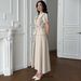 girl 2025 Autumn New European And American Cross-Border Women's Fashion Light Beige Lapel Tie Waist Dress Set Elegant Party_ecoleips.com