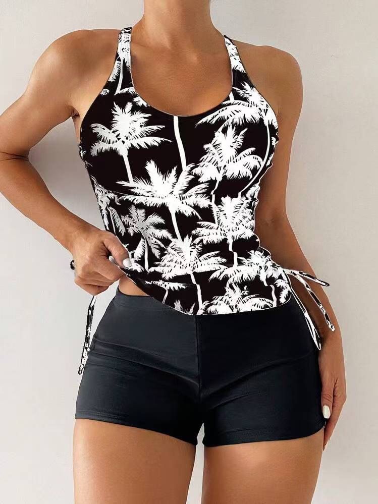 Tankini Two Piece Swimsuit For Women Conservative Shorts Coconut Tree Print Drawstring European American Style Bikini Set_ecoleips.com