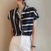 Summer New Style Women's Elegant Stand Collar Striped Shirt Top Short Sleeve Elegant Fashionable Trendy_ecoleips.com