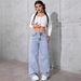 New Light Blue Washed Wide Leg Jeans For Women, Source Factory, Loose Fit, Floor Length, Cross Border Supply._ecoleips.com