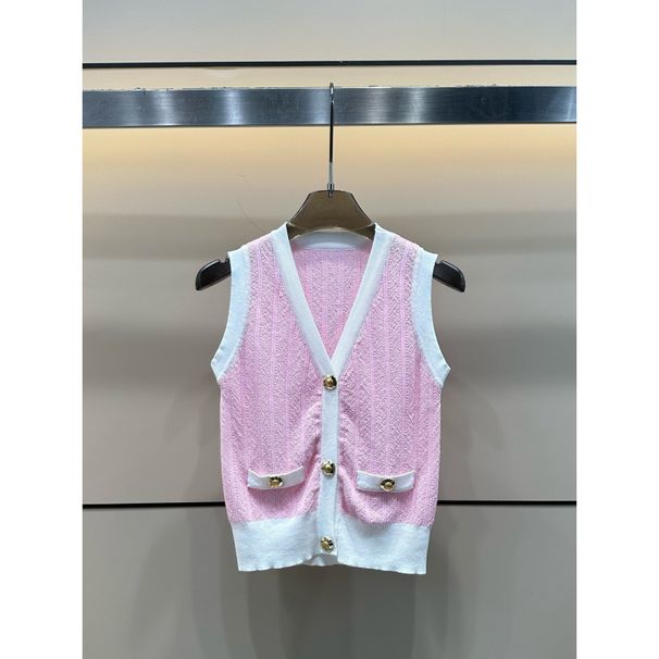 25 Early Autumn New Style Elegant Color Block V Neck Gold Button Versatile Knitted Vest For Women_ecoleips.com