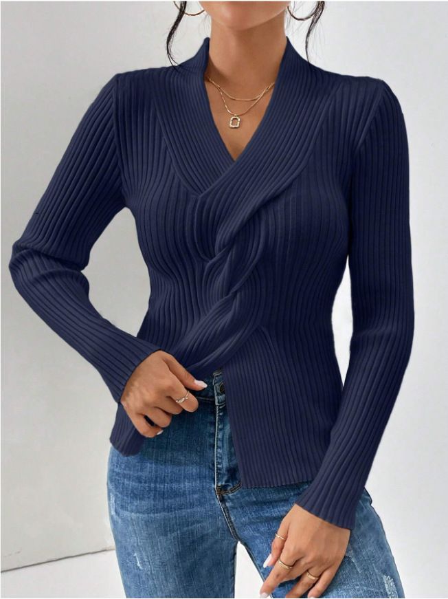 Ribbed Hem Split-Sleeve V-Neck Sweater – Slim Fit Knit Top In White/Khaki/Burgundy/Navy/Black | Elegant & Versatile (S-XL)_ecoleips.com