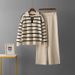 Women's Color Blocked Striped Two Piece Set V Neck Knitted Top With High Waisted Wide Leg Pants Autumn Winter Fashion Niche Design_ecoleips.com