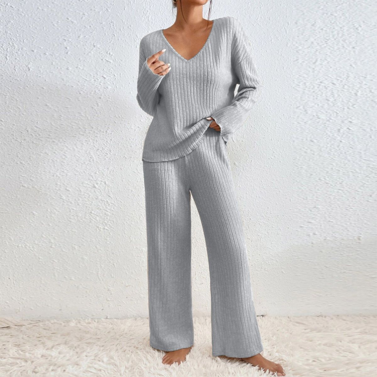 Oversized V-Neck Ribbed Knit Sweater & Lounge Pants Set – Cozy Brushed Polyester Loungewear For Women (Light Gray, Rose, Olive, Charcoal, Navy)_ecoleips.com