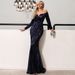 Women's sexy one-shoulder sequins long-sleeved trailing annual meeting host evening dress dress female_ecoleips.com