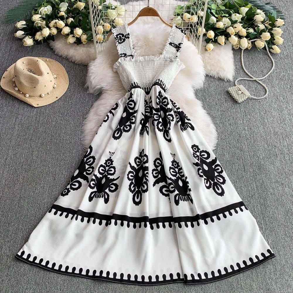 Women’s Clothing Summer New Design Sense Wood Ear Edge Sleeveless Suspender Dress Women's Print Waist Slim Long Skirt_ecoleips.com