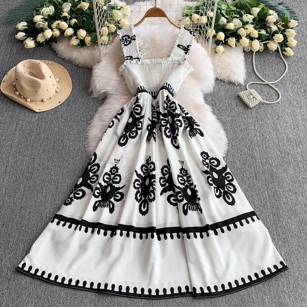 Women’s Clothing Summer New Design Sense Wood Ear Edge Sleeveless Suspender Dress Women's Print Waist Slim Long Skirt_ecoleips.com