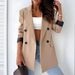 Women's Long Sleeve Double-Breasted Blazer Jacket - Elegant Office Wear, Loose Fit, Wrinkle-Free Polyester Blend, Khaki & Coffee_ecoleips.com