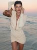 JULISSA MO Sexy Deep V-neck Ruched Women Mini Dress Apricot Long Sleeve Shoulder Pads Dress Winter Slim Elegant Party Club Dress_ecoleips.com