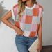 Summer Cap Sleeve Knitted Sweater For Women Color Block Round Neck Short Length Checkerboard Pattern Baring Navel Design_ecoleips.com