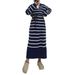 Elegant Modest Dress For Muslim Women - Long Sleeve High Waist Maxi Dress With Striped Knit Fabric, Crew Neck & Drawstring Detail (Navy Blue, S/M/L)"_ecoleips.com