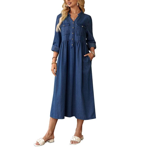 plus Size Women's Denim Stand Collar Button Dress Long Sleeve England Style Fashion for Summer Spring/Autumn_ecoleips.com
