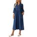 plus Size Women's Denim Stand Collar Button Dress Long Sleeve England Style Fashion for Summer Spring/Autumn_ecoleips.com