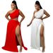 Women's Large Size Two Piece Suit Solid Color Oblique Shoulder Sexy Hip Wrapped Split European American Style_ecoleips.com