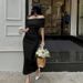 2024 Spring European And American Off-Shoulder Ruched Slim Fit Flattering Slit Base Long Dress_ecoleips.com
