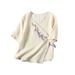 Thin Cotton-Linen Top, Women's Ethnic Style Vintage Olive Wood Button, Diagonal Embroidery, Loose Five-Quarter Sleeve Pu_ecoleips.com