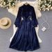 Velvet Flared Sleeve Midi Dress – Retro Wrap Waist Ruffle Neck (S-XXL) – Elegant Office & Evening Wear (Blue/Red)_ecoleips.com