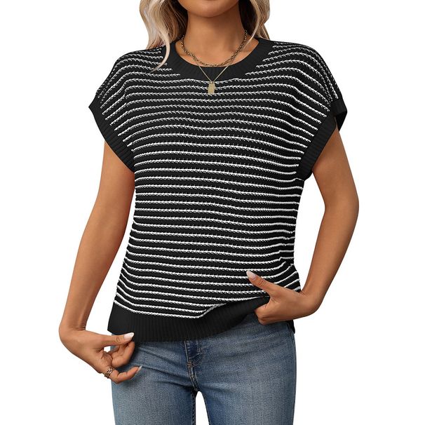 Cross-Border European And American Women's Clothing 2025 Summer New Round Neck Knitted Top Casual Striped_ecoleips.com