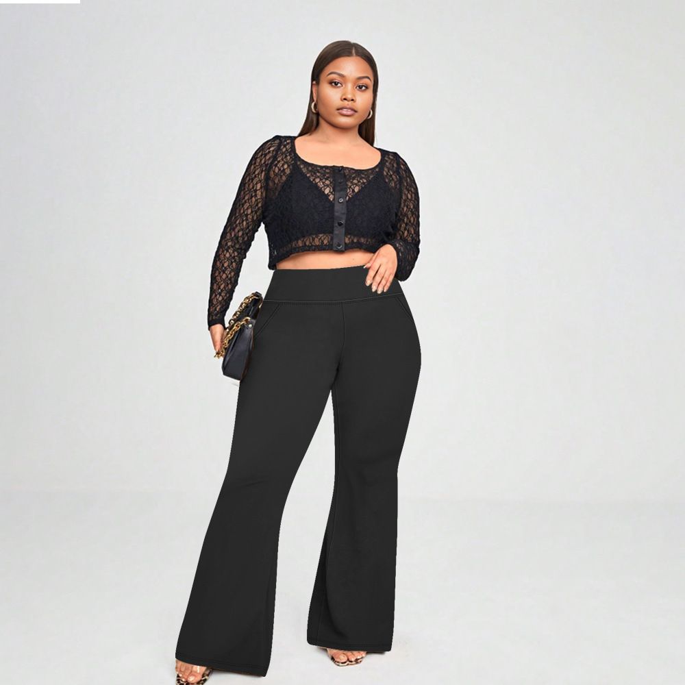 Women's Clothing Large Size High Waist Yoga Pants With Flared Pockets 200 Catties High Elastic Casual Flared Yoga Pants_ecoleips.com
