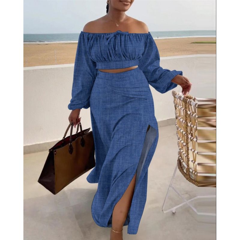 Women's Clothing New Hot Selling One Shoulder Top Slit Dress Two Piece Suit_ecoleips.com