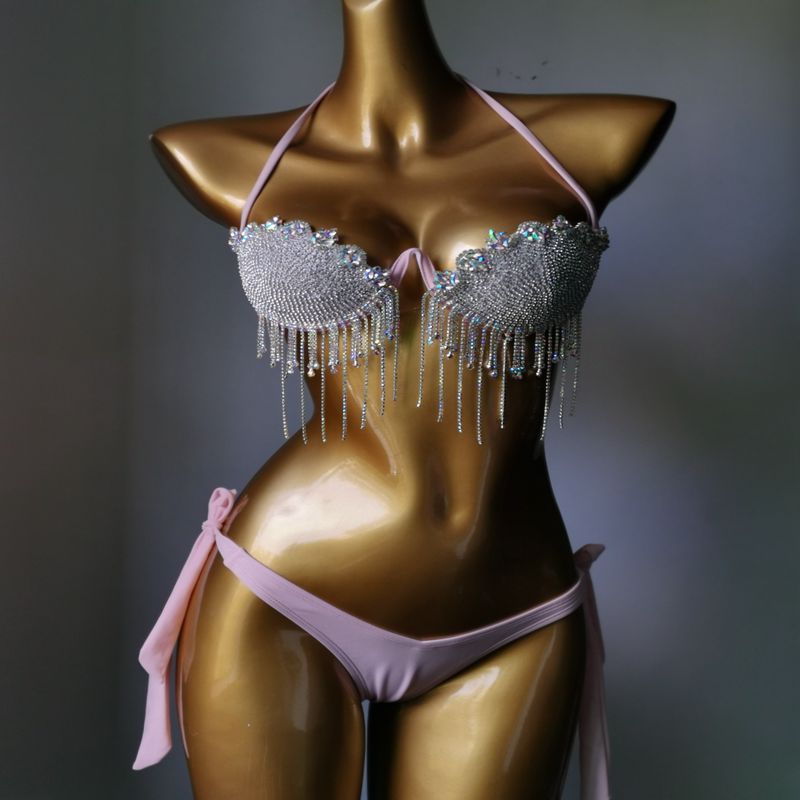 Women’s Clothing Nightclub Clothes Steel Support Hard Cup Bikini Diamond Swimsuit Diamond Tassel Bikini Sewn Diamond Bikini_ecoleips.com