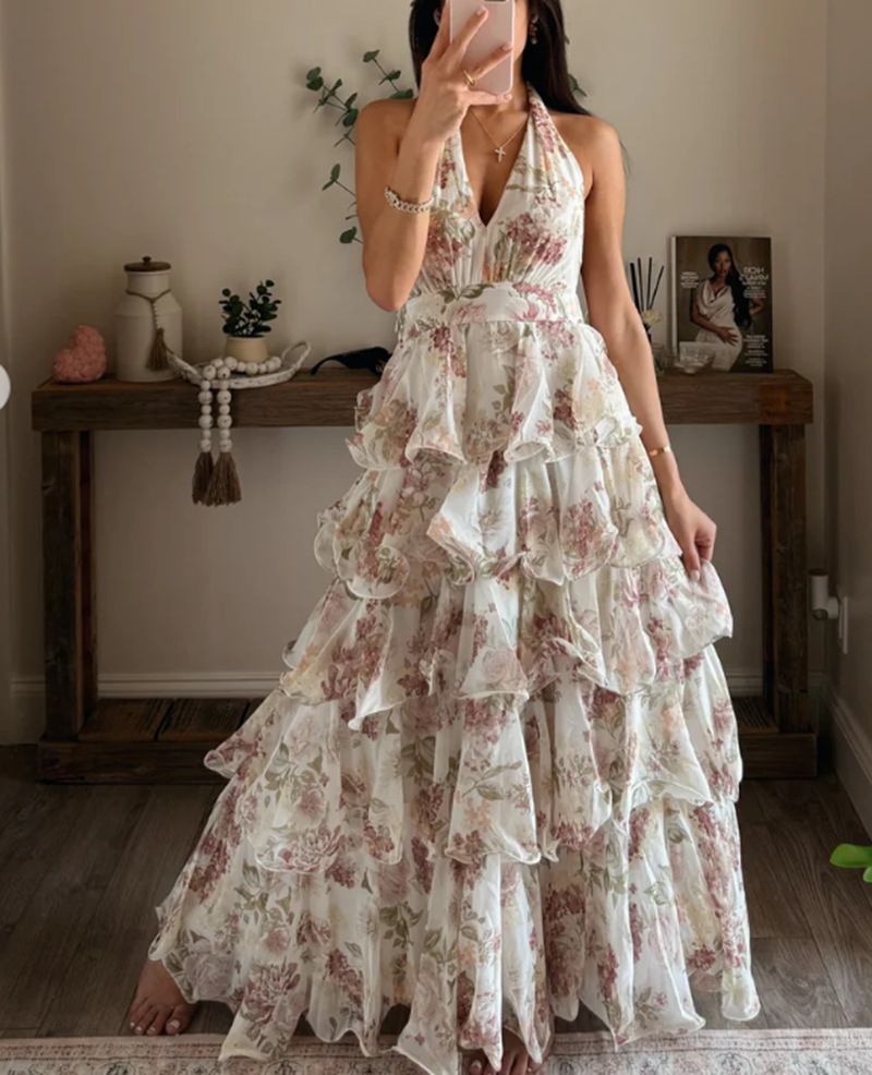 Women Fashion Sexy Deep V Neck Spaghetti Strap Multi Layer Printed Elegant Party Dress Casual Summer Vacation Beach Dress_ecoleips.com