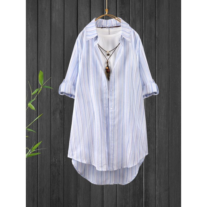 Spring Women's Slimming Long-Sleeved Shirt With Loose Vertical Stripes And Large Size_ecoleips.com