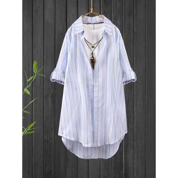 Spring Women's Slimming Long-Sleeved Shirt With Loose Vertical Stripes And Large Size_ecoleips.com