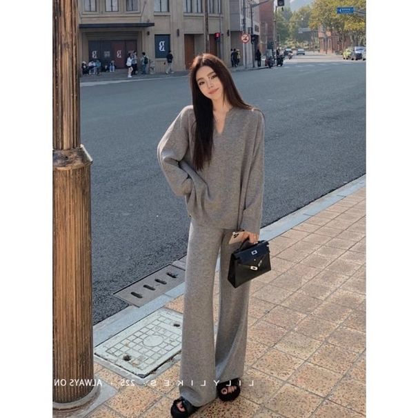 Women's Autumn Winter Wool Sweater Set V-Neck Knit Wide Leg Pants Loose Fit Casual Two-Piece Outfit Cozy Ins Style_ecoleips.com