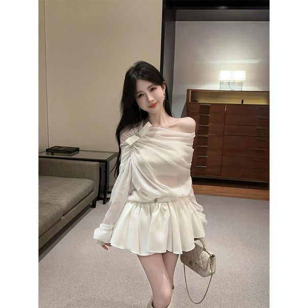 French-style Elegant And Sophisticated One-shoulder Ruched Semi-transparent Chiffon Blouse + High-waisted Skirt Set For_ecoleips.com