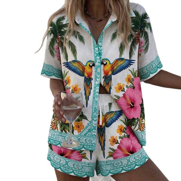 Women's Resort Style Printed Collared Shirt And Shorts Set Short Sleeve Summer Outfit_ecoleips.com