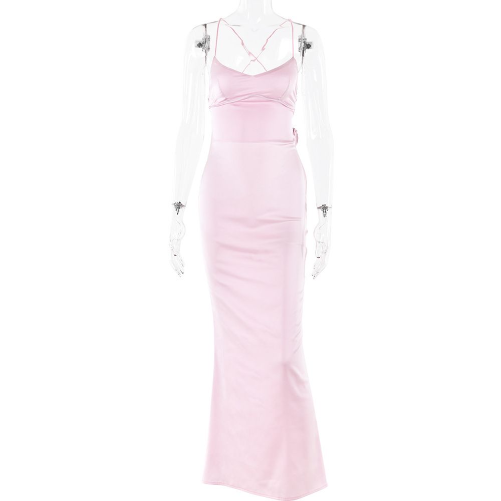 Women's Clothing Sexy Strappy Satin Dress Fall New Fashion Backless Strappy Waistband Long Skirt_ecoleips.com