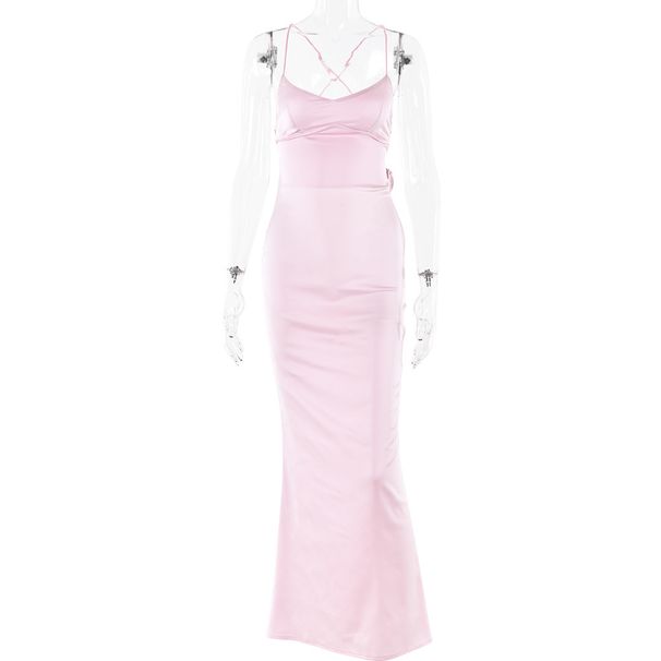 Women's Clothing Sexy Strappy Satin Dress Fall New Fashion Backless Strappy Waistband Long Skirt_ecoleips.com