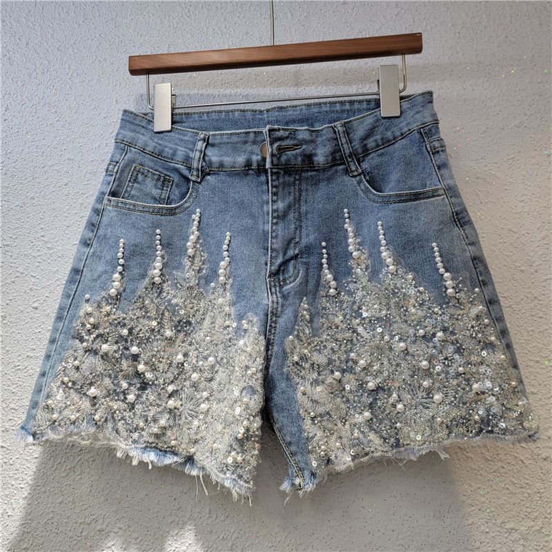 Women's Clothing New Street Blasting Heavy Duty Beaded High Waisted Slim Denim Shorts For Women Fashionable And Versatile Wide Leg Hot Pants_ecoleips.com